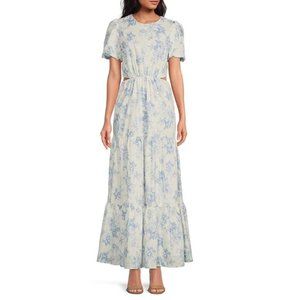 WAYF Plaza Floral Print Short Puffed Sleeve Cut-Out Tiered Maxi Dress